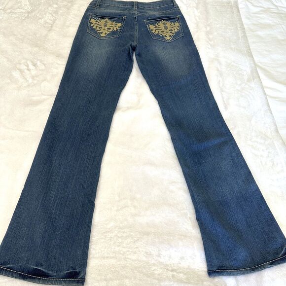 Cache Bootcut Jeans Women’s Blue Denim Stretch Rhinestones Embroidered Sz 2 - Picture 2 of 16